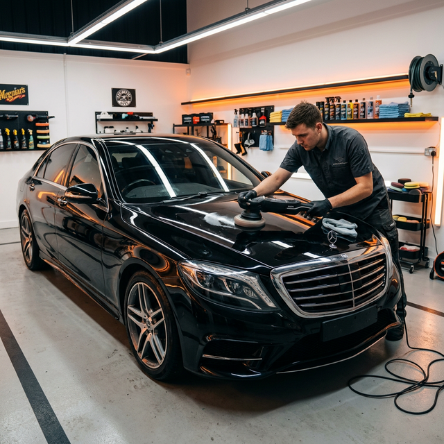 Professional car detailing specialist polishing a luxury vehicle