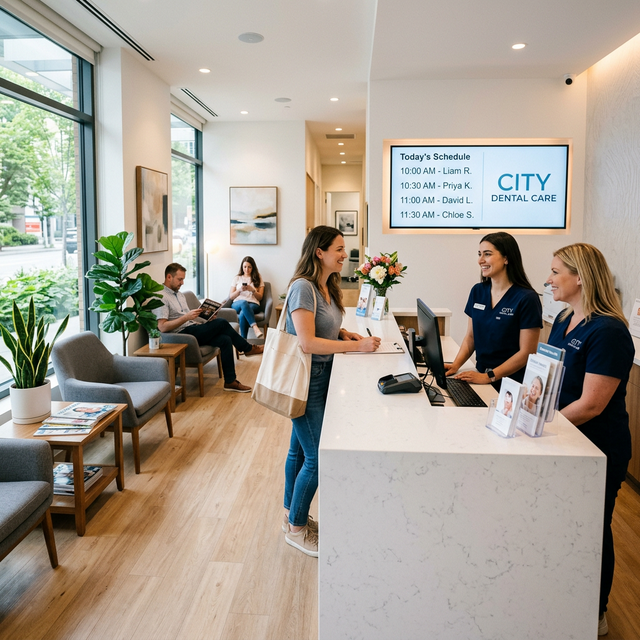 Modern dental office reception with patient scheduling display