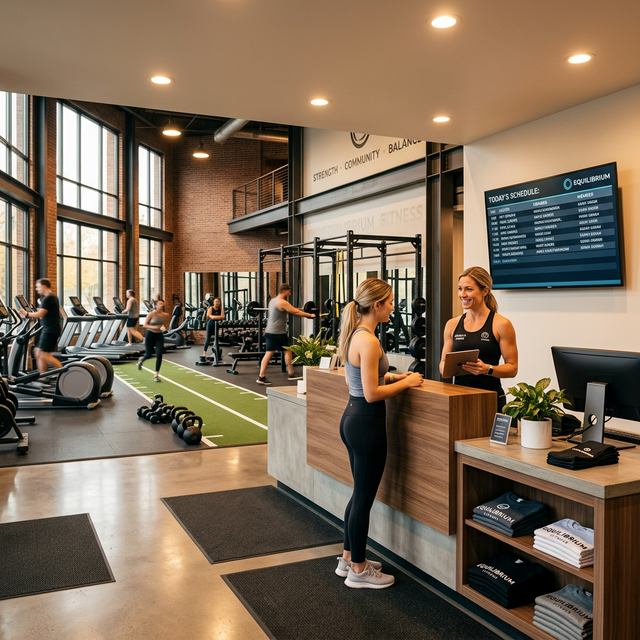 Modern gym interior with personal trainer and scheduling display at reception