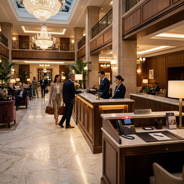 Luxury hotel lobby with grand check-in counter and concierge phone