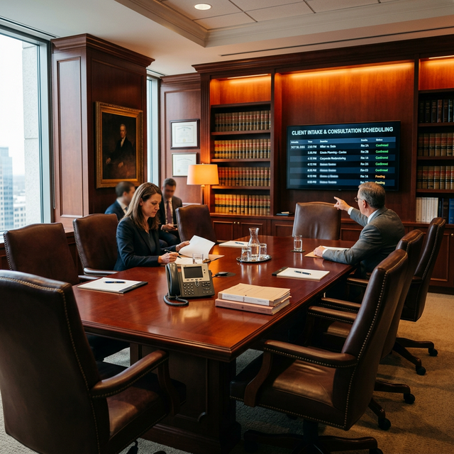Law firm conference room with digital client intake display