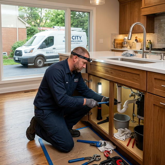 Professional plumber working in a residential kitchen