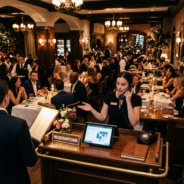 Upscale restaurant host stand with reservation management display