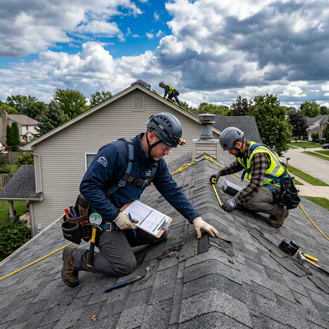 Roofing contractors performing a roof inspection after a storm