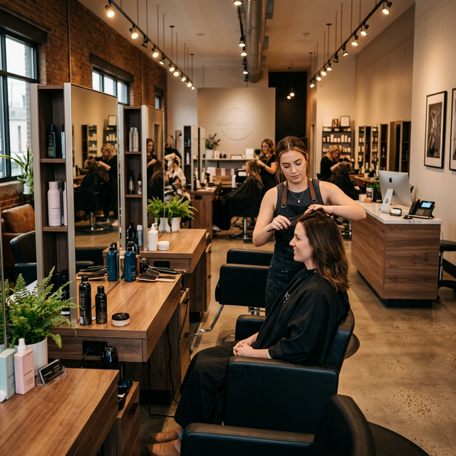 Modern hair salon interior with stylist working and reception phone ringing